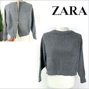 ZARA Womens Small Viscose Knit Crop Gray Sweater Zip In Back